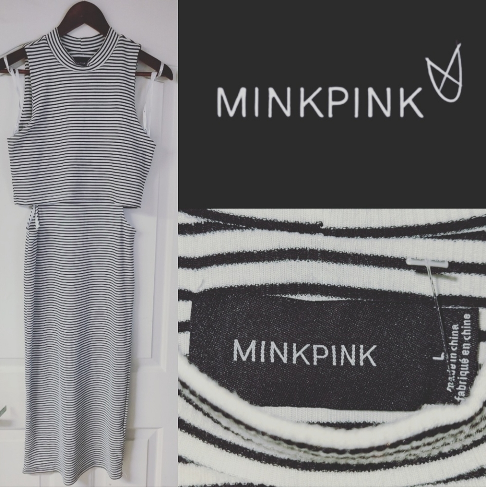 MINKPINK | Striped Mock Neck Side Cutout Midi Dress